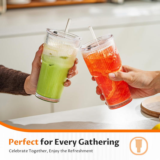 20oz Iced Coffee Cups with Lids, Glass Coffee Cups with Lids and Straws | Clear Reusable Drinkware, Secure Leak-Resistant Lids, Cup-Holder Friendly, Ideal for Iced Coffee, Tea, Juice and Smoothies