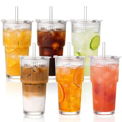 20oz Iced Coffee Cups with Lids, Ribbed Glass Cups with Lids and Straws | Thick Reusable Glass, Leak-Resistant Lids, Fits Most Car Cup Holders, For Iced Coffee, Tea, Smoothies and Cold Drinks