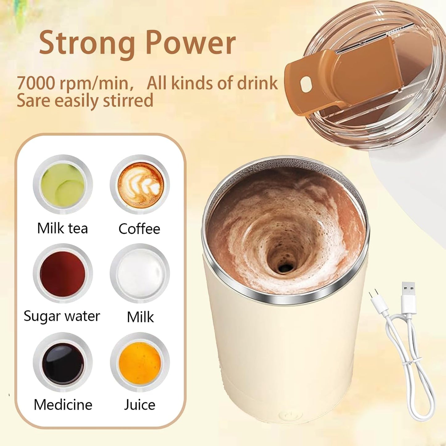 Self Stirring Mug with Lid, 13.5oz Magnetic Stirring Coffee Cup, Rechargeable 316 Stainless Steel, Auto-Mixing for Coffee, Milk, Protein Powder（Beige）