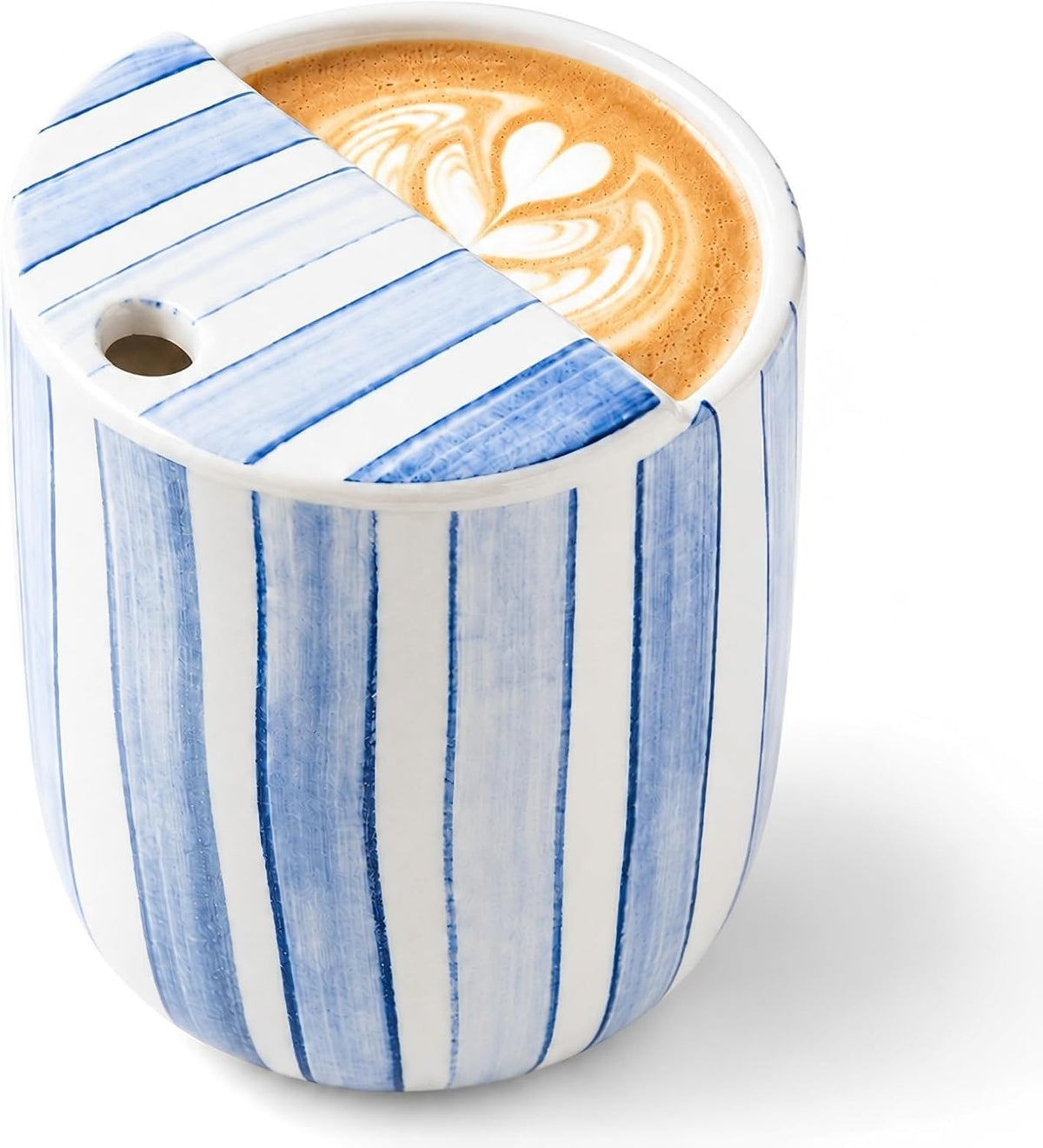 1 pcs Ceramic Mug with Sip Hole 10 oz deep Blue red Striped | Ice Coffee Mug, Travel Mugs,Novelty Hand Painted,Heat Resistant,Non Slip,Built in One Lid,Coffee Lovers Appreciation Gift