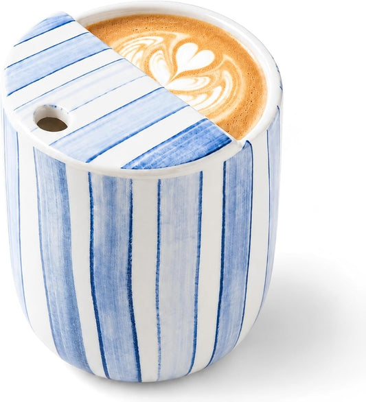 1 pcs Ceramic Mug with Sip Hole 10 oz deep Blue red Striped | Ice Coffee Mug, Travel Mugs,Novelty Hand Painted,Heat Resistant,Non Slip,Built in One Lid,Coffee Lovers Appreciation Gift