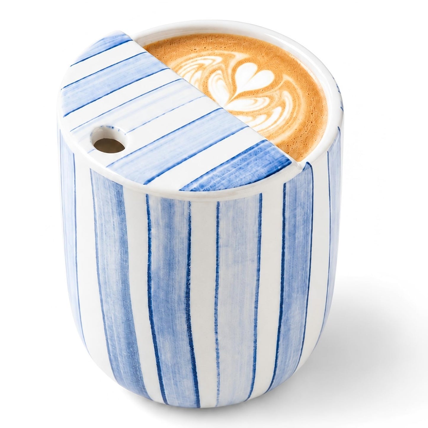 1 pcs Ceramic Mug with Sip Hole 10 oz deep Blue red Striped | Ice Coffee Mug, Travel Mugs,Novelty Hand Painted,Heat Resistant,Non Slip,Built in One Lid,Coffee Lovers Appreciation Gift