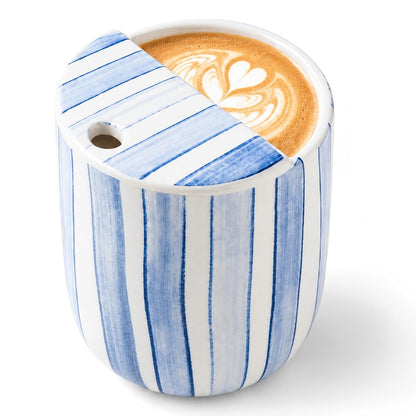 1 pcs Ceramic Mug with Sip Hole 10 oz deep Blue red Striped | Ice Coffee Mug, Travel Mugs,Novelty Hand Painted,Heat Resistant,Non Slip,Built in One Lid,Coffee Lovers Appreciation Gift
