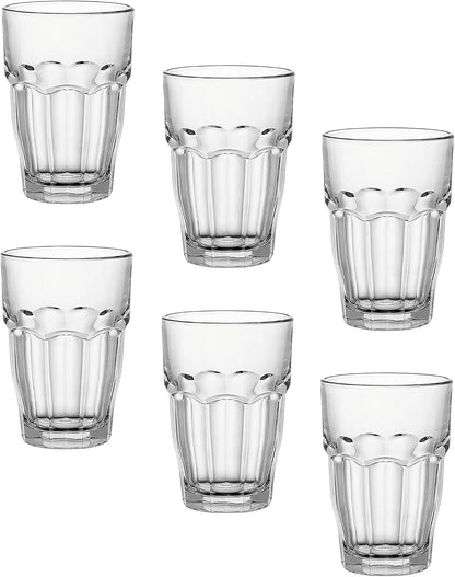 Bormioli Rocco Rock Bar Stackable Beverage, Set Of 6 Dishwasher Safe Drinking Glasses For Soda, Juice, Milk, Coke, Beer, Spirits – 12.5oz Durable Tempered Glass Water Tumblers For Daily Use