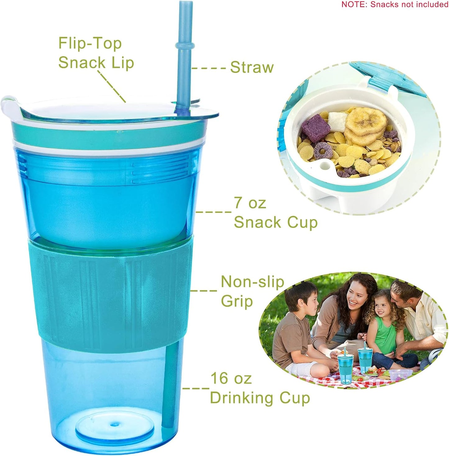 Portable Plastic Snack and Drink Cup for Adult, Teen Kid, 16 Oz | Combo All-in-One Cereal and Milk Container, Breakfast On-The-Go, With Lids & Straw