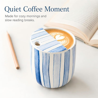 1 pcs Ceramic Mug with Sip Hole 10 oz deep Blue red Striped | Ice Coffee Mug, Travel Mugs,Novelty Hand Painted,Heat Resistant,Non Slip,Built in One Lid,Coffee Lovers Appreciation Gift