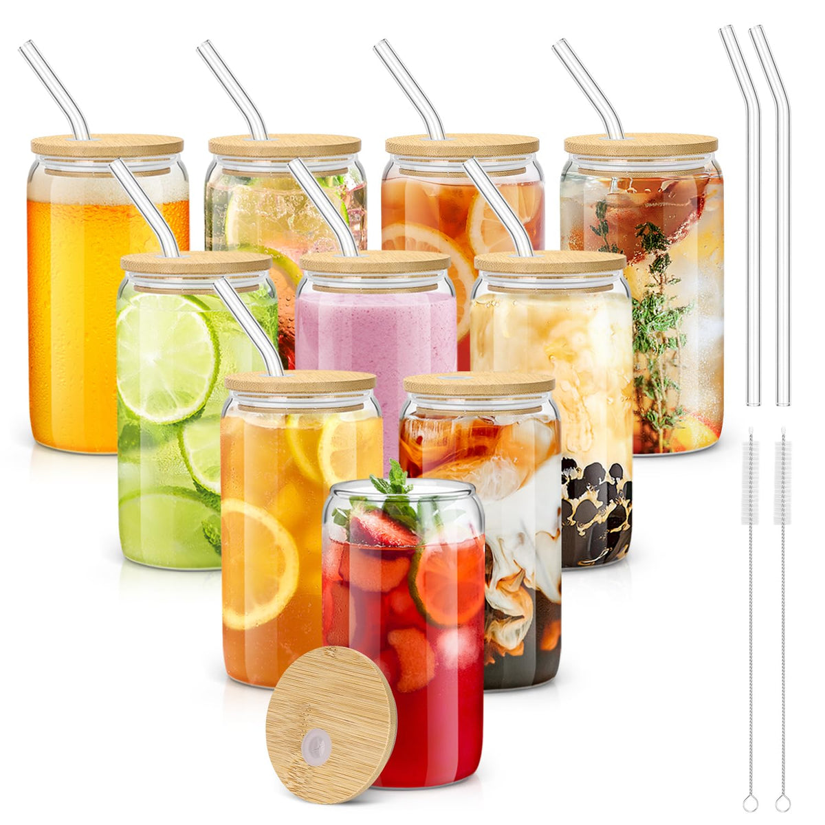 sungwoo 4PCS Glass Cups with Bamboo Lids and Straws, 16OZ Ice Coffee Cup, Drinking Cup set with Wooden Lids, Home Essential Glass Tumblers for Beer, Cocktail, Tea and Latte Clear