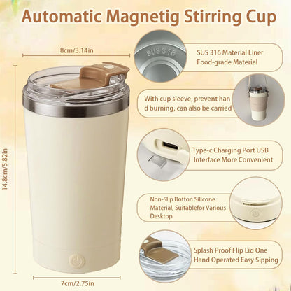 Self Stirring Mug with Lid, 13.5oz Magnetic Stirring Coffee Cup, Rechargeable 316 Stainless Steel, Auto-Mixing for Coffee, Milk, Protein Powder（Beige）