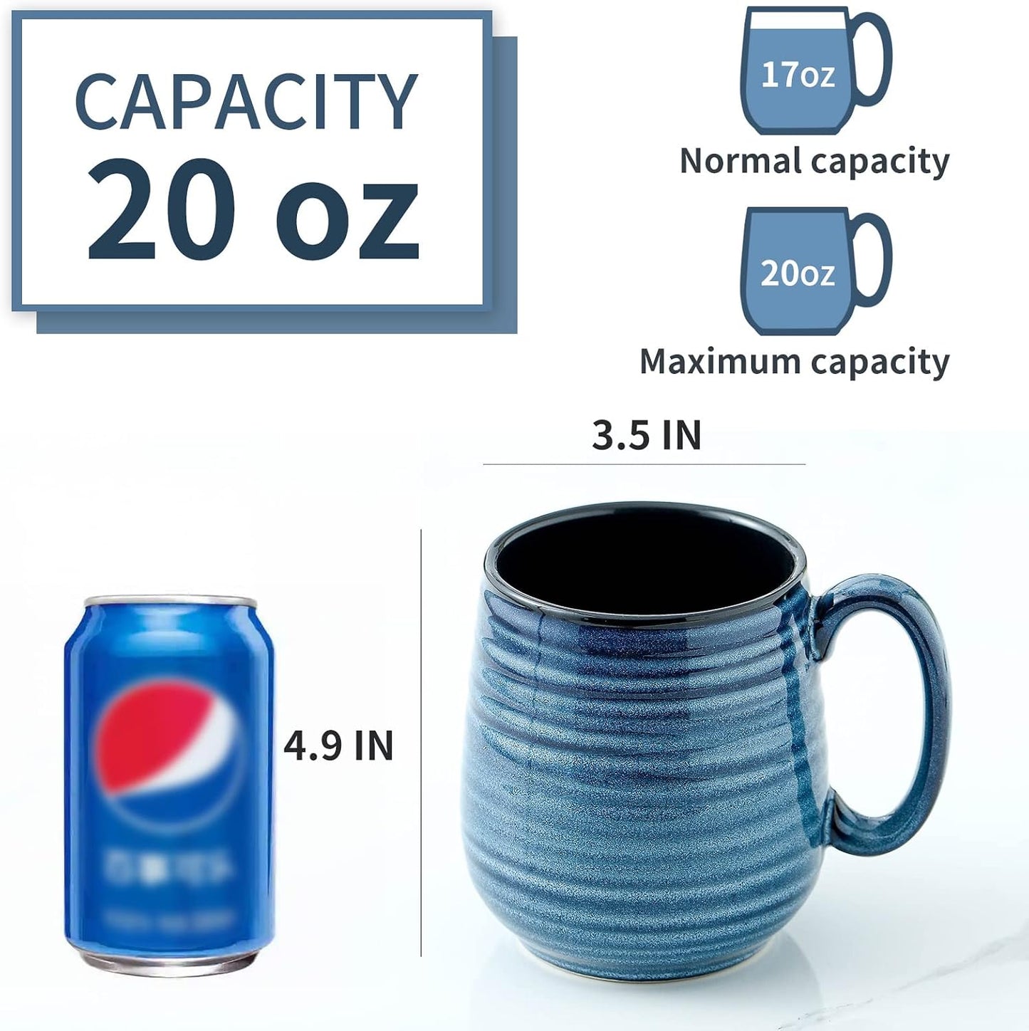 HASENSE Coffee Mug, 20 oz Ceramic Coffee Cup for Men and Women, Large Coffee Mug for Latte Coffee Tea Soup for Office and Home, Dishwasher and Microwave Safe, 1 PCS (Blue)