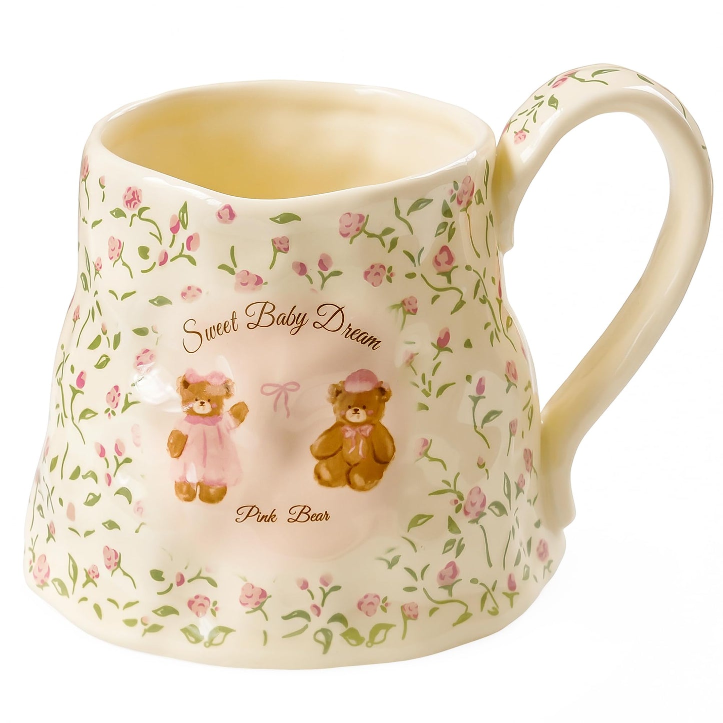 Large Ceramic Coffee Mug Cute Flower with Handmade Big Handle, 20oz Girly Pink Floral Tea Cup for Women Mothers Day, Novelty Irregular Oversized Christmas Mugs for Latte Tea Milk Cocoa