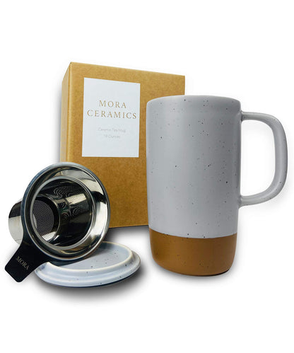 Mora Ceramics Large Tea Mug with Loose Leaf Infuser and Ceramic Lid, 18 oz, Portable, Microwave and Dishwasher Safe, Tall Coffee Cup - Rustic Matte Ceramic Glaze, Modern Herbal Tea Strainer, Olive