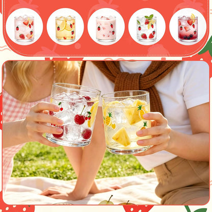 4 Pack Fruit Icon Juice Glasses Set | 14oz Stemless Fruit Printed Cups for Iced Coffee Juice Cocktails Water, Summer Party Glassware Housewarming Beverage Gift