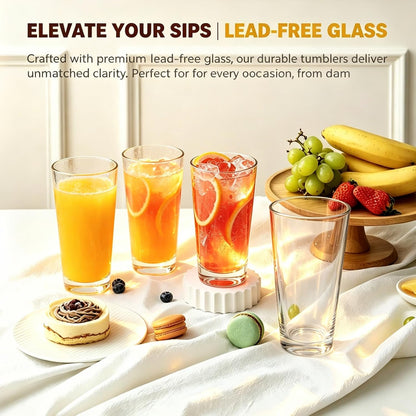 QAPPDA Drinking Glasses Set of 12, 16 oz Clear Glass Cups Cocktail Glasses | Highball Drinking Tumbler Glass Design for Home Dining, Bars, Pubs and Parties & Dishwasher Safe