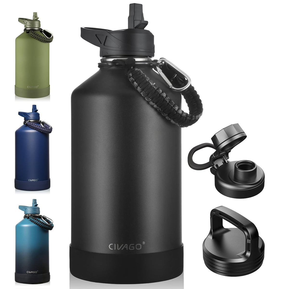 CIVAGO 40 oz Insulated Stainless Steel Water Bottle With Straw and 3 Lids | Large Metal Sports Water Jug, Leakproof Reusable Wide Mouth Thermal Flask Cup with Silicone Boot, BPA-Free, Midnight Black
