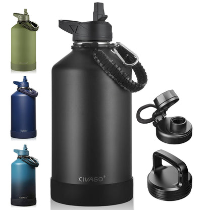 CIVAGO 40 oz Insulated Stainless Steel Water Bottle With Straw and 3 Lids | Large Metal Sports Water Jug, Leakproof Reusable Wide Mouth Thermal Flask Cup with Silicone Boot, BPA-Free, Midnight Black