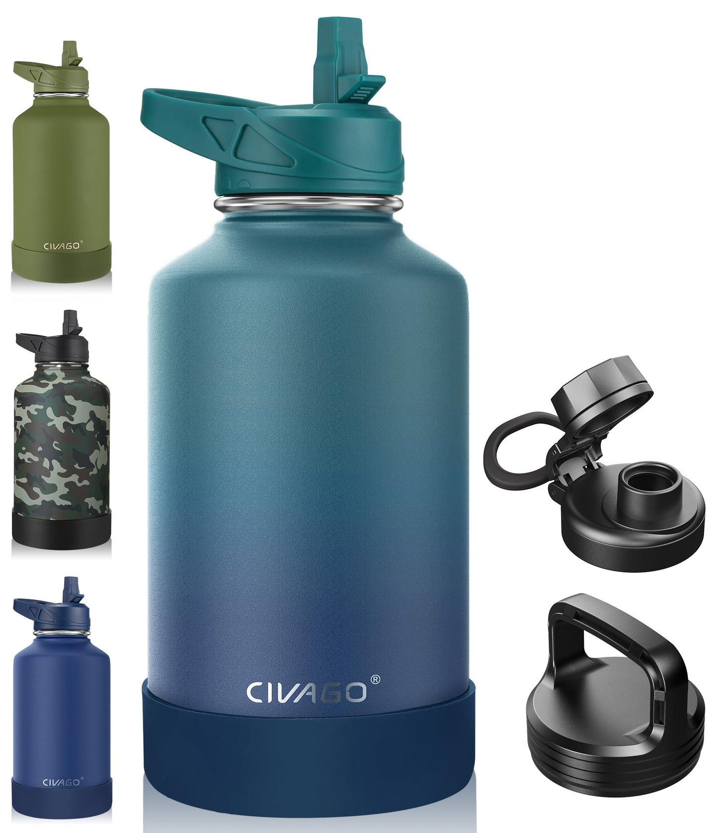 CIVAGO 40 oz Insulated Stainless Steel Water Bottle With Straw and 3 Lids | Large Metal Sports Water Jug, Leakproof Reusable Wide Mouth Thermal Flask Cup with Silicone Boot, BPA-Free, Midnight Black