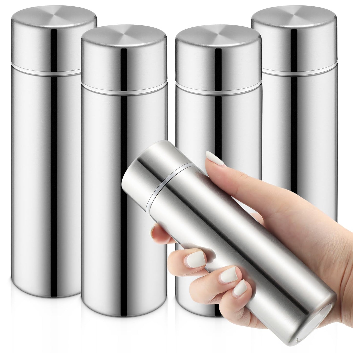 Vesici 4 Pack Mini Insulated Stainless Water Bottle,Silver | 4.4 oz Small Insulated Flask, for Purse Leak Proof Pocket, Keeps Drink Cold and Hot, for Women Kids Lunch Bag Coffee Travel