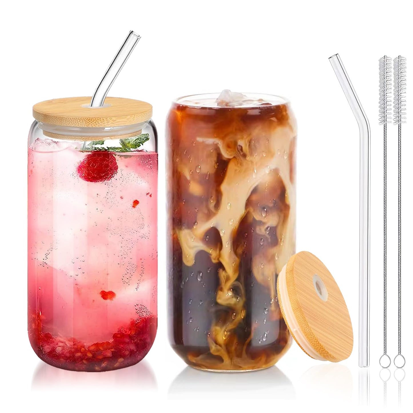 Glass Cups with Lids and Straws 1 Pack, 16 oz Glass Coffee Cup with Bamboo Lid, Glass Straw and Cleaning Brush, Iced Coffee Cup for Matcha, Soda, Tea and Daily Drinks
