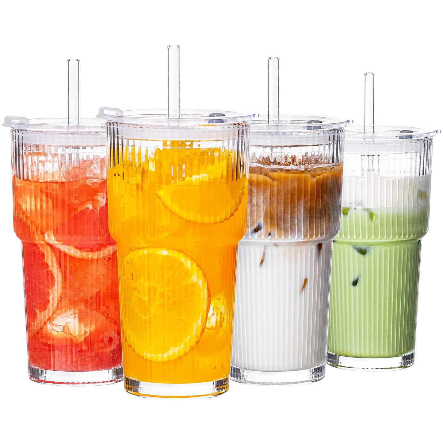 20oz Iced Coffee Cups with Lids, Glass Coffee Cups with Lids and Straws | Clear Reusable Drinkware, Secure Leak-Resistant Lids, Cup-Holder Friendly, Ideal for Iced Coffee, Tea, Juice and Smoothies