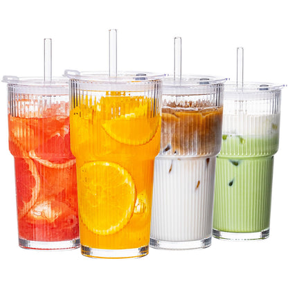 20oz Iced Coffee Cups with Lids, Glass Coffee Cups with Lids and Straws | Clear Reusable Drinkware, Secure Leak-Resistant Lids, Cup-Holder Friendly, Ideal for Iced Coffee, Tea, Juice and Smoothies