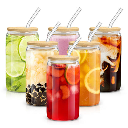 sungwoo 4PCS Glass Cups with Bamboo Lids and Straws, 16OZ Ice Coffee Cup, Drinking Cup set with Wooden Lids, Home Essential Glass Tumblers for Beer, Cocktail, Tea and Latte Clear
