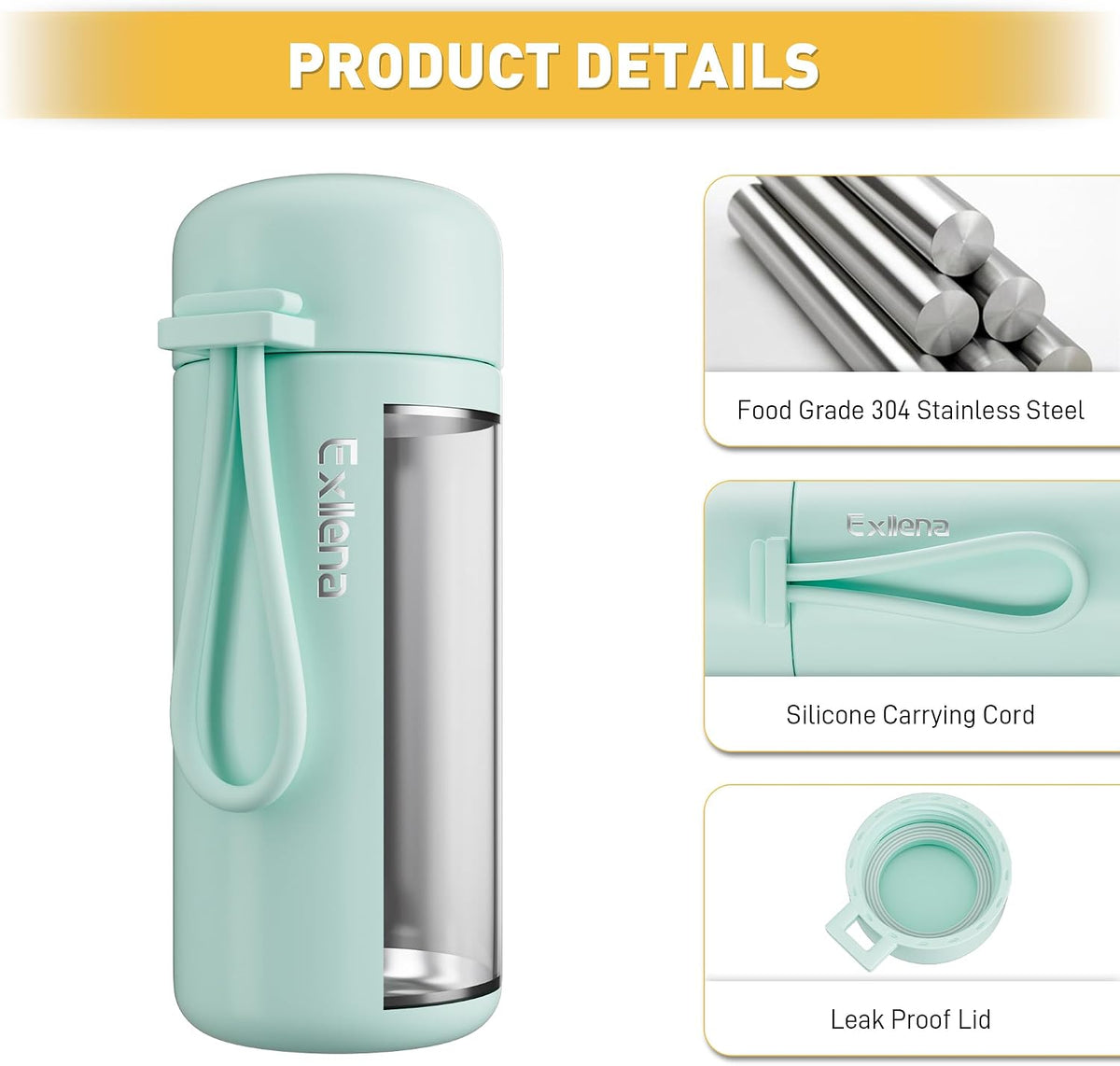 Exllena Mini Water Bottle 5oz, This is A EXTRA MINI Flask! Small Insulated Water Bottle for Hot&Cold Drinks, Water Bottle Purse with Carry Handle - 100% Leakproof Perfect for Travel...(Mint)