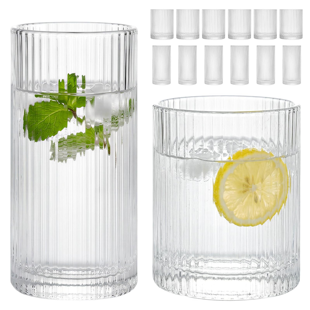Moretoes Crystal Whisky Drinking Glasses Set of 12, Glass Cups | Mixed Glassware Set, 12 Oz Highball Glasses & 11 Oz Old Fashioned Glasses, Great for Cocktail and Other Beverages