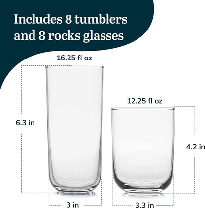 Polaris Axis Tumbler & Rocks Drinking Glasses Set of 16, Glass Cups | 17.75 oz and 15 oz Capacities for Water, Juice, Cocktails, and More with Dishwasher-Safe Convenience for Easy Cleanup