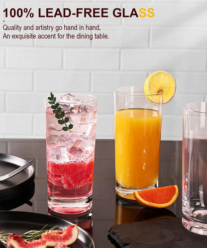 Drinking Water Glass Cups Set,Crystal Highball Glasses cups set of 8,16oz | Wide Mouth Design Tall Glassware for Cocktail Parties, Family Dinners
