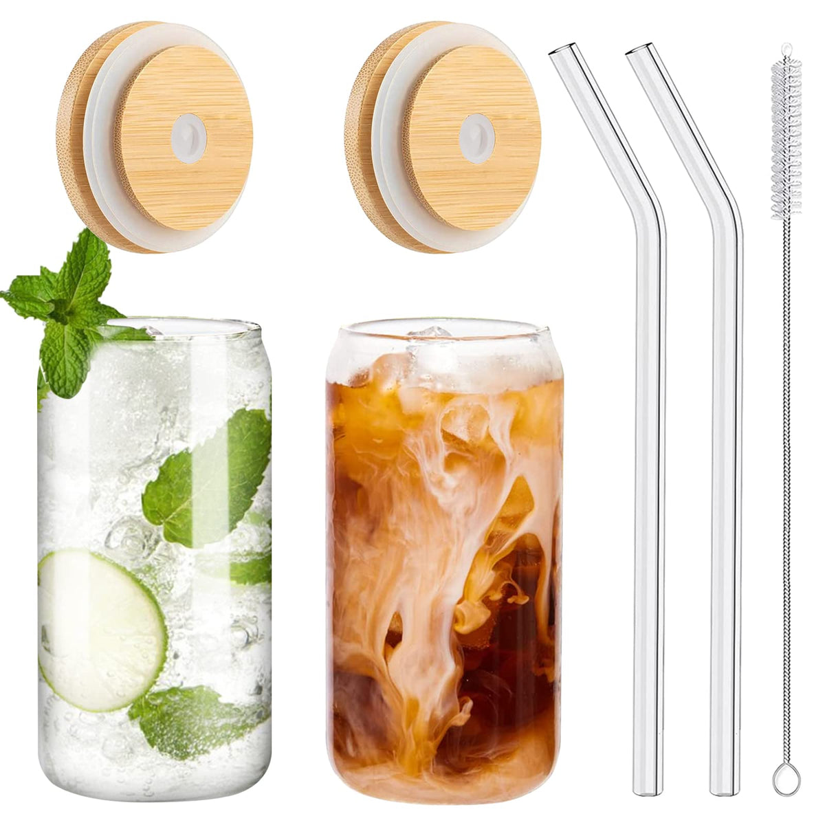 WISIMMALL Drinking Glasses with Bamboo Lids and Glass Straw 2PCS Set, 16oz Glass Cups with Lids and Straws, Beer, Iced Coffee Glasses, Soda, Gift 1 Cleaning Brushes