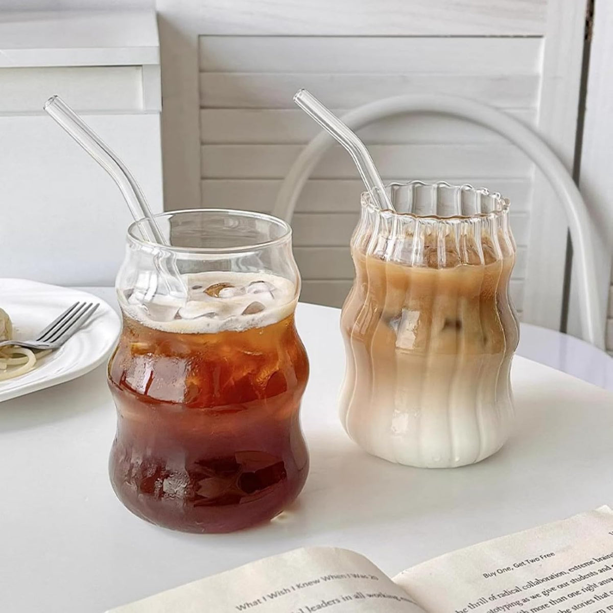 2 Pcs Ribbed Glass Cups, 18 Oz Vintage Drinking Glassware with Wave Design | Iced Coffee Cups Glass, Matcha Glass Bubble Cups for Iced Coffee, Juice, Beverage, Milk, Cocktails, Bubble Tea, and More