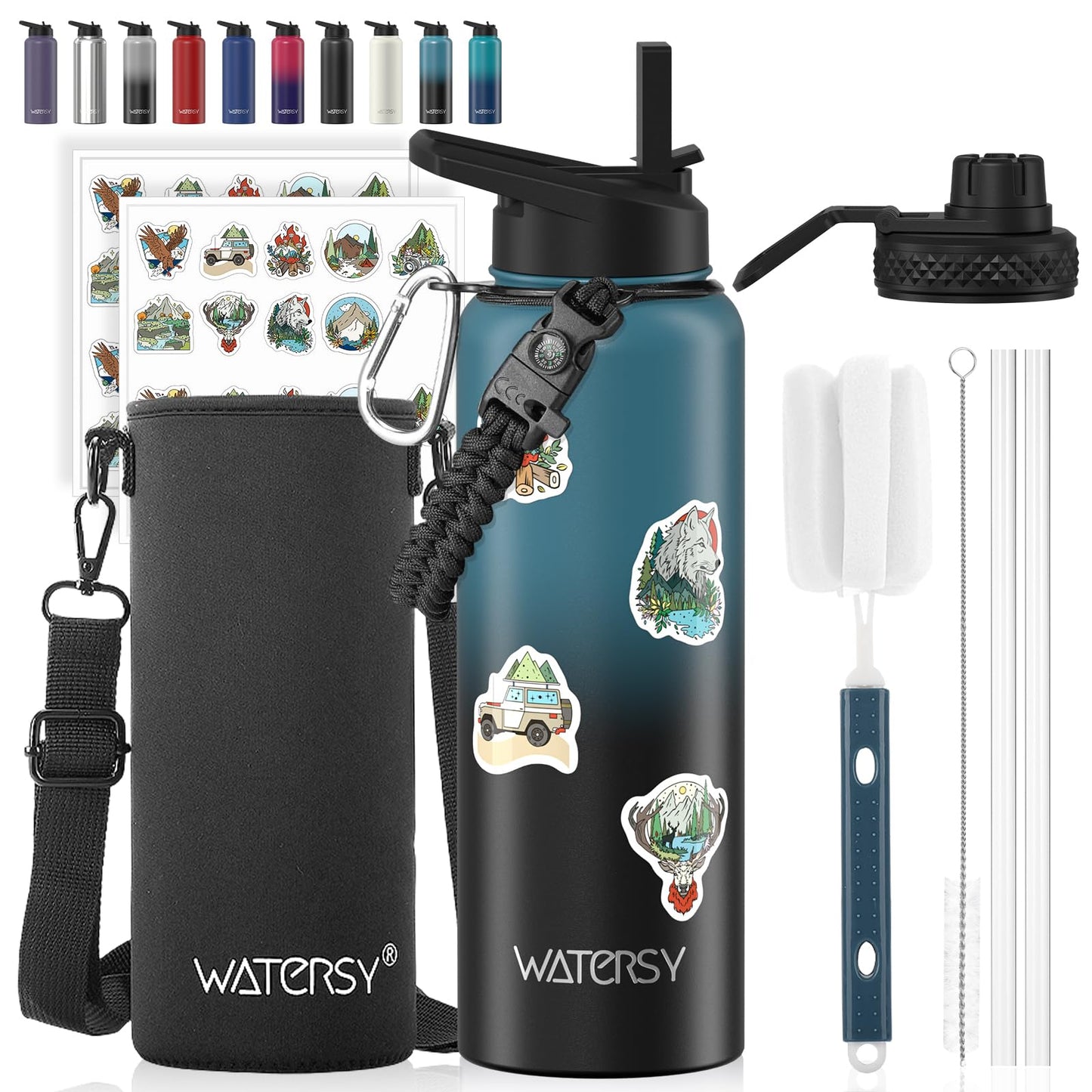 64oz Insulated Water Bottle (Cold for 48 Hrs),BPA Free&Leak Proof,Half Gallon Stainless Steel Water Flask,Water Jug with Straw Spout Lids for Gym,Hiking,Camping,Black Blue