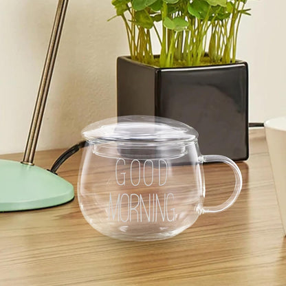 Glass Milk Cup with Handle 300ml Heat-resistant Beverage Mug for Breakfast, Coffee, Tea, and Cereal – Single White Lettering Cup with Lid for Home Use