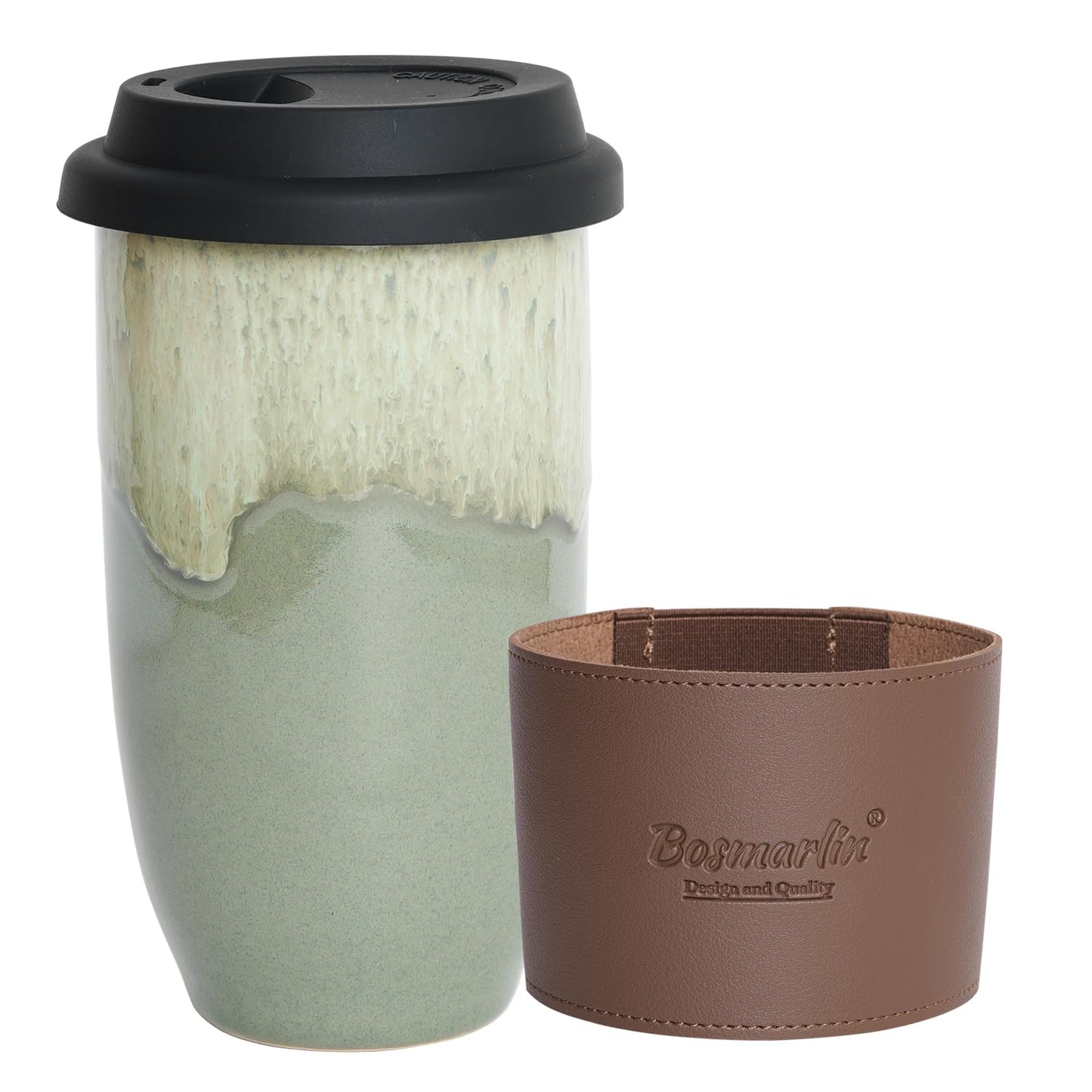 Bosmarlin Ceramic Travel Coffee Cup with Lid, 16 Oz, Portable Coffee Mug for Car Cup Holder, Microwave and Dishwasher Safe, Reactive Glaze (Deep BLue, 16 Oz)