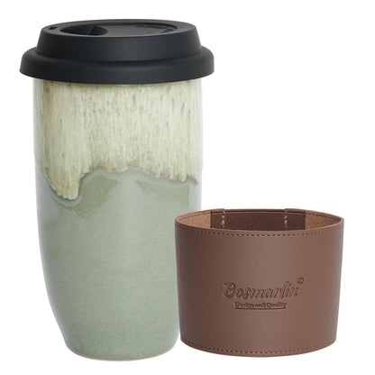 Bosmarlin Ceramic Travel Coffee Cup with Lid, 16 Oz, Portable Coffee Mug for Car Cup Holder, Microwave and Dishwasher Safe, Reactive Glaze (Deep BLue, 16 Oz)