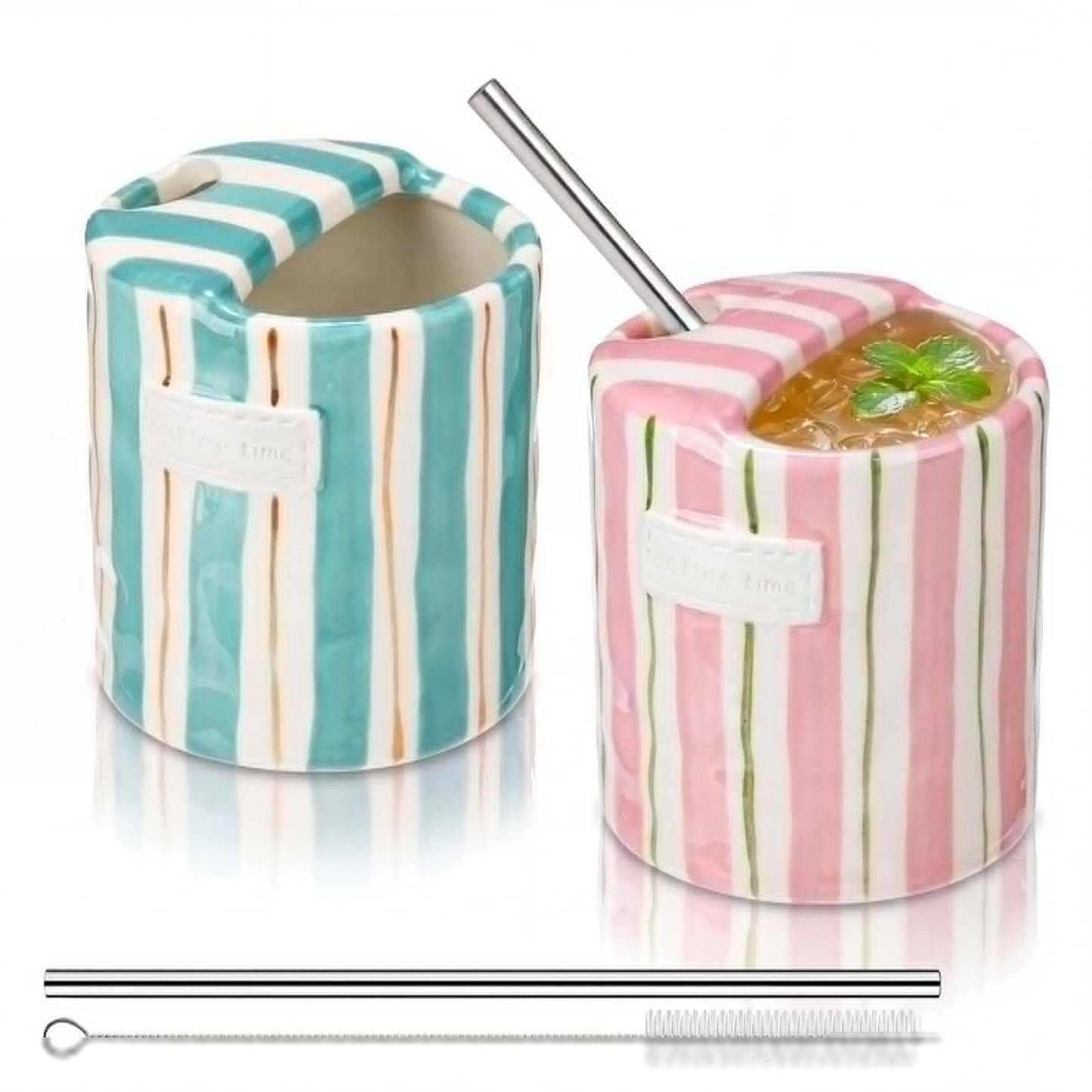 2 Pack Ceramic Mug with Sip Hole, Simple, Green, Brown | 10oz Ceramic Coffee Cup with Straws, Retro Hand Painted Striped, for Iced Coffee Tea Latte Espresso, Kitchen Dining Travel
