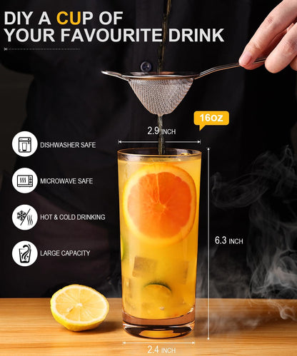 Drinking Water Glass Cups Set,Crystal Highball Glasses cups set of 6,16oz | Wide Mouth Design Clear Tall Glassware for Cocktail Parties, Family Dinners