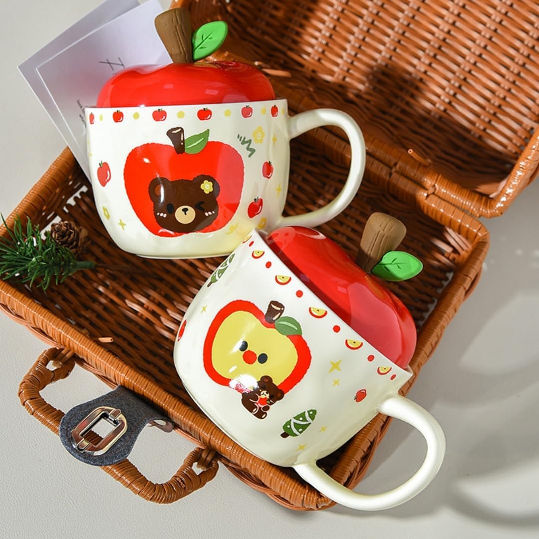 420Ml Ceramic Apple Breakfast Milk Cup With Lid