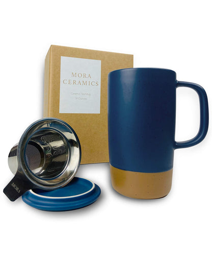 Mora Ceramics Large Tea Mug with Loose Leaf Infuser and Ceramic Lid, 18 oz, Portable, Microwave and Dishwasher Safe, Tall Coffee Cup - Rustic Matte Ceramic Glaze, Modern Herbal Tea Strainer, Olive