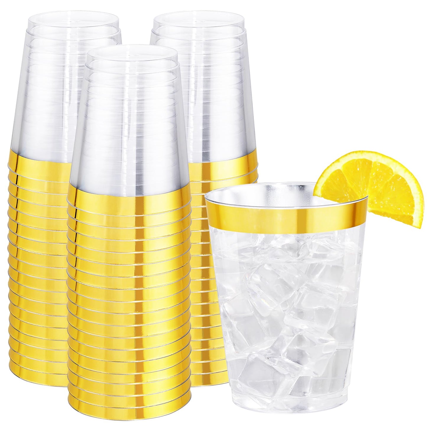 I00000 200 Pack Gold Plastic Cups, 9 Oz Elegant Clear Plastic Cups Gold Rimmed Disposable Wine Glasses Fancy Disposable Party Cup Wedding Cup Drinking Tumblers Cocktail Glasses Perfect for Party