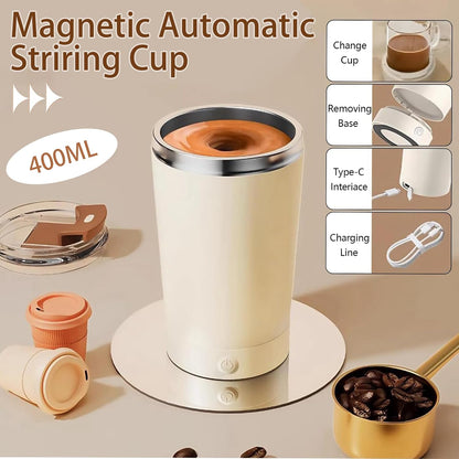 Self Stirring Mug with Lid, 13.5oz Magnetic Stirring Coffee Cup, Rechargeable 316 Stainless Steel, Auto-Mixing for Coffee, Milk, Protein Powder（Beige）