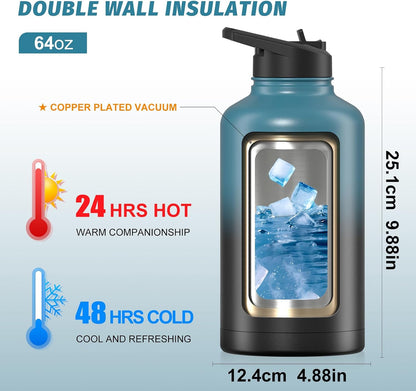 64oz Insulated Water Bottle (Cold for 48 Hrs),BPA Free&Leak Proof,Half Gallon Stainless Steel Water Flask,Water Jug with Straw Spout Lids for Gym,Hiking,Camping,Black Blue
