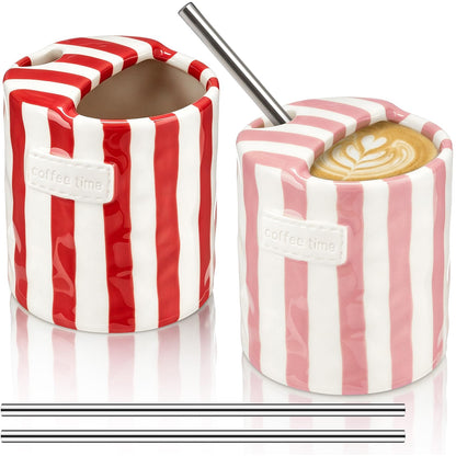 2 Pack Ceramic Mug with Sip Hole, Simple, Green, Brown | 10oz Ceramic Coffee Cup with Straws, Retro Hand Painted Striped, for Iced Coffee Tea Latte Espresso, Kitchen Dining Travel