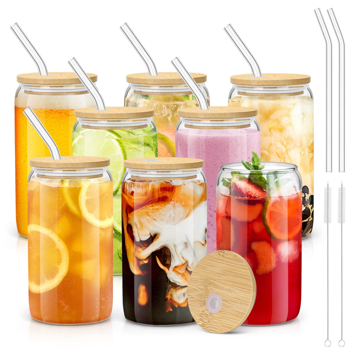 sungwoo 4PCS Glass Cups with Bamboo Lids and Straws, 16OZ Ice Coffee Cup, Drinking Cup set with Wooden Lids, Home Essential Glass Tumblers for Beer, Cocktail, Tea and Latte Clear