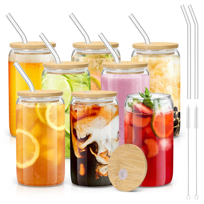 sungwoo 4PCS Glass Cups with Bamboo Lids and Straws, 16OZ Ice Coffee Cup, Drinking Cup set with Wooden Lids, Home Essential Glass Tumblers for Beer, Cocktail, Tea and Latte Clear