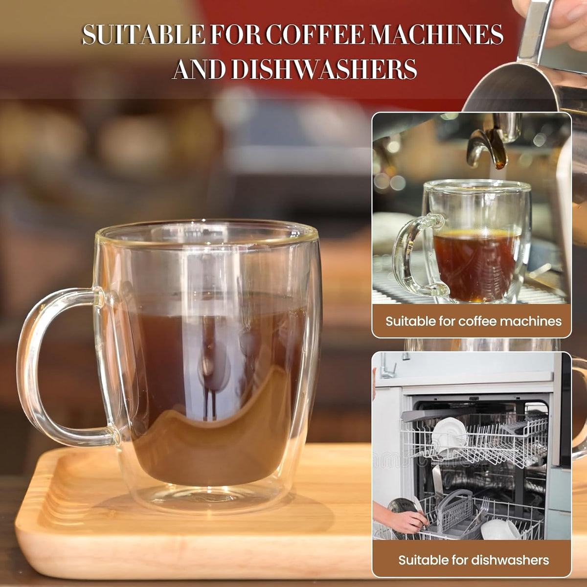 YUNCANG Double Wall Coffee Mugs, (4-Pcak) 16 Ounces-Clear Glass Cups with Handle,lnsulated,Cappuccino,Tea,Latte Cups,Beverage Glasses Heat Resistant