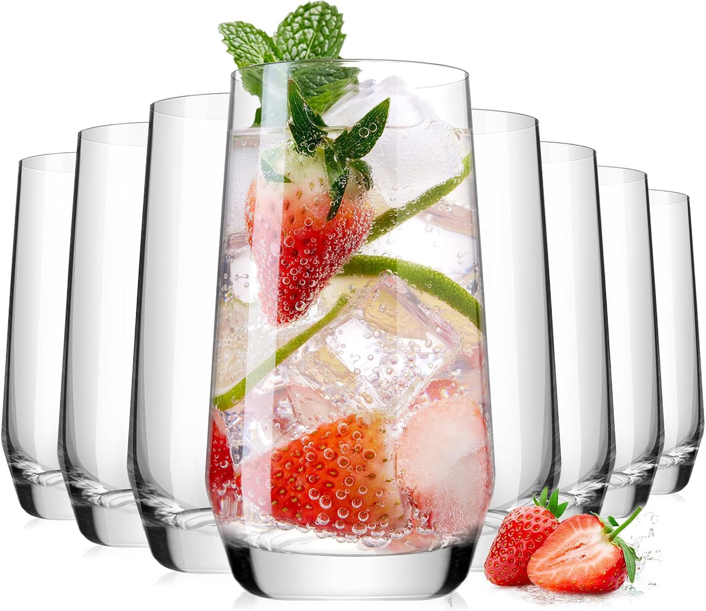 Drinking Water Glass Cups Set,Crystal Clear tall Glass cups set of 8,16.2oz | Unique Design Highball Clear Glassware for Cocktail Parties, Family Dinners Glass Cups