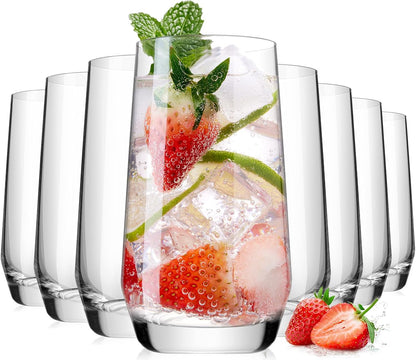 Drinking Water Glass Cups Set,Crystal Clear tall Glass cups set of 8,16.2oz | Unique Design Highball Clear Glassware for Cocktail Parties, Family Dinners Glass Cups