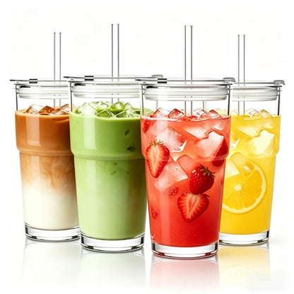 20 oz Glass Tumblers, Iced Coffee Cups with Lids and Glass Straws, Thickened Wall Ribbed Glass Cups, Ideal for Smoothies, Cocktails, and Juices – Vintage and Durable Drinkware – 1 Pack