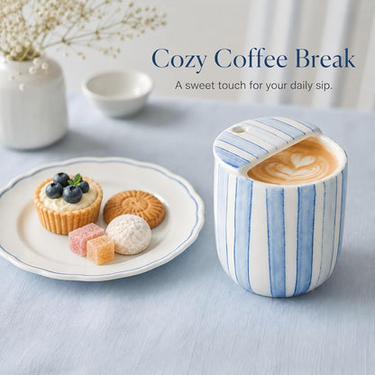 1 pcs Ceramic Mug with Sip Hole 10 oz deep Blue red Striped | Ice Coffee Mug, Travel Mugs,Novelty Hand Painted,Heat Resistant,Non Slip,Built in One Lid,Coffee Lovers Appreciation Gift